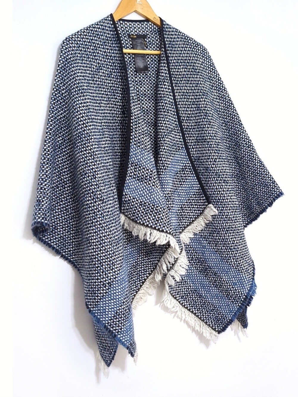 Maje Wool Alpaca Fringe Poncho Cape Wrap Blue Oversized Boho OS